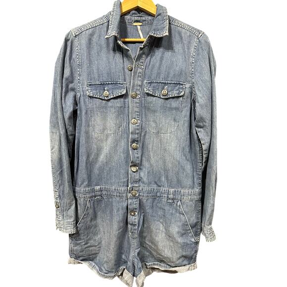 Free People Rivet Romper Utility Denim Chambray Button Front Long Sleeves M - Picture 1 of 7